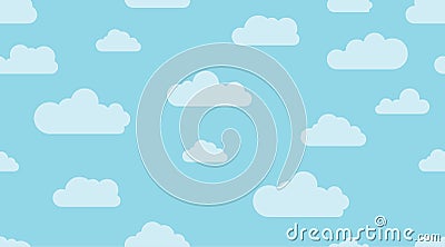 Vector cartoon seamless pattern of flat shape clouds on a blue background. Abstract cloudscape, heaven and sky print for kids room Vector Illustration