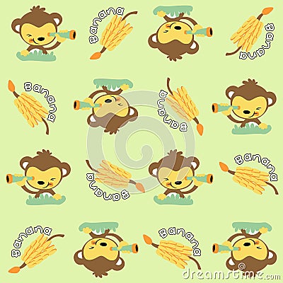 Vector cartoon seamless pattern with little monkey with bananas Vector Illustration