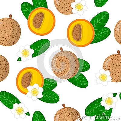 Vector cartoon seamless pattern with Mammea americana exotic fruits, flowers and leafs on white background Stock Photo