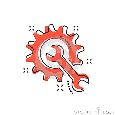 Vector cartoon service tool icon in comic style. Cogwheel with w Vector Illustration