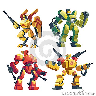 Vector transformers set, battle robots with guns Vector Illustration