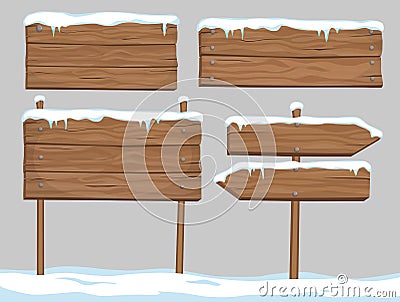 Vector cartoon set of blank wooden signs covered with snow and i Vector Illustration
