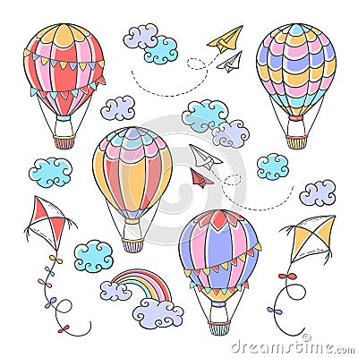 Cartoon set with hot air balloons, kites, paper planes, clouds and rainbow on white background Vector Illustration