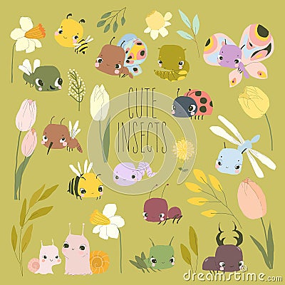 Cartoon Set with Cute Baby Insects, Flowers and Plants Vector Illustration