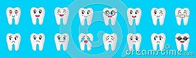 Vector cartoon set of cute characters of teeth with different emotions: happy, sad, crying, joyful, smiling, laughing Stock Photo