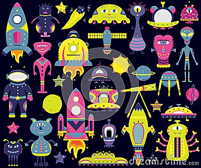 The vector cartoon set with flat aliens, spaceships, planets Vector Illustration