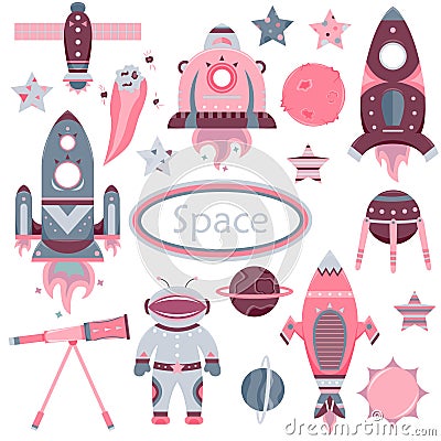 The vector cartoon set with flat spaceships, planets, satellites Vector Illustration