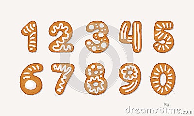 Vector cartoon set of Gingerbread arabic numbers - holidays Christmas ginger cookie isolated on white background. Merry Vector Illustration