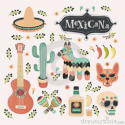 Vector cartoon set illustrations of mexican set in vintage color. Vector Illustration