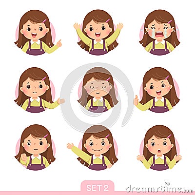 Cartoon set of a little girl in different postures with various emotions. Set 2 of 3 Vector Illustration