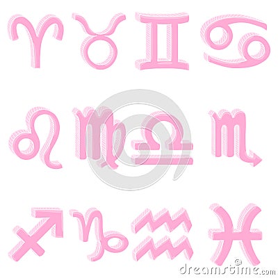 Vector Cartoon Set of 12 Pink Zodiac Signs. Astronomical Symbols Vector Illustration