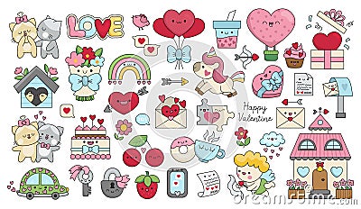 Vector cartoon set of Saint Valentine day elements with cupid, unicorn, hearts, cats, rainbow, perfect match. Cute funny kawaii Vector Illustration