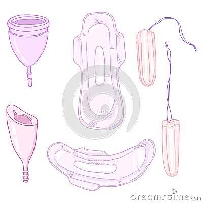 Vector Cartoon Set of Tampons, Menstrual Cups and Sanitary Towels and other Intimate Hygiene Items Vector Illustration