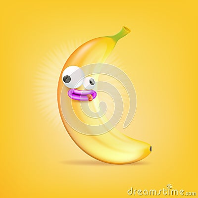 Vector cartoon silly banana fruit character isolated on orange background. Crazy yellow banana with funny cartoon eyes Vector Illustration