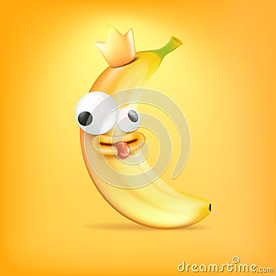 Vector cartoon silly banana fruit with crown character isolated on orange background. Crazy yellow king banana with Vector Illustration