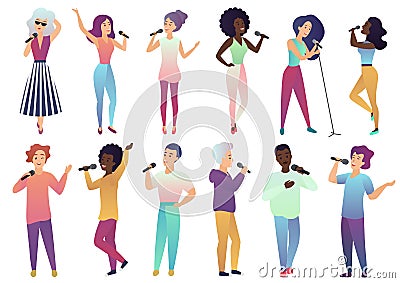 Vector cartoon singers holding microphones and musicians set isolated. People singing karaoke songs on competition Vector Illustration