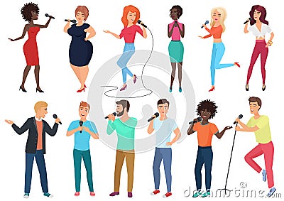 Vector cartoon singers with microphones and musicians set isolated. People singing karaoke songs. Vector Illustration
