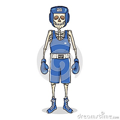 Vector Cartoon Skeleton in Blue Boxing Equipment Vector Illustration