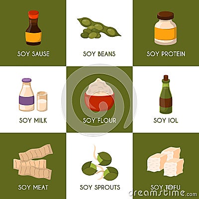 Vector cartoon soy food icons Vector Illustration