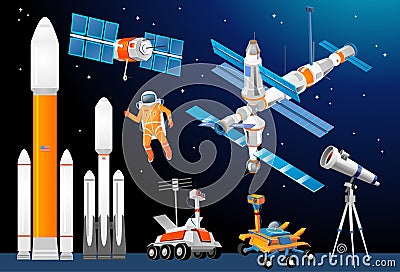 Vector cartoon space exploration set. Space rockets, astronomic Vector Illustration