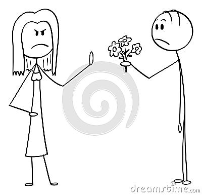 Vector Cartoon of Angry Woman Rejecting Flowers and Love Declaration from Man in Love Vector Illustration