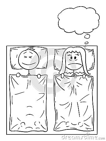 Vector Cartoon of Couple Lying in Bed, Man is Sleeping, Woman is Thinking About Problem or Suffering Insomnia Vector Illustration