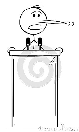 Vector Cartoon Illustration of Lying Politician with Long Nose Speaking Behind Lectern on Podium Vector Illustration