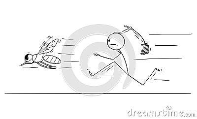 Vector Cartoon of Man or Businessman Chasing Big Fly or Insect with Swatter, Flapper or Fly-flap Vector Illustration