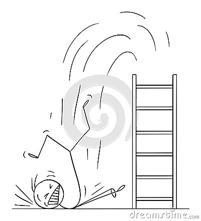 Vector Cartoon Illustration of Man or Businessman Falling Hard from Ladder. Concept of Business Failure Vector Illustration