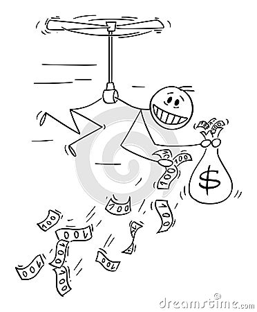 Vector Cartoon Illustration of Man or Businessman Flying Like Helicopter and Throwing Money Away. Vector Illustration