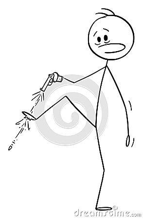 Vector Cartoon Illustration of Man or Businessman with Handgun Shooting Yourself in the Foot Vector Illustration