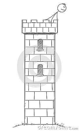 Vector Cartoon Illustration of Man or Businessman Hidden Safe Inside of the Castle or Tower Watching Threat, Danger and Vector Illustration