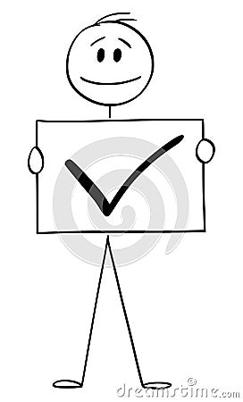 Vector Cartoon Illustration of Man or Businessman Holding Check Mark Sign, Positive Symbol of Yes or Correct. Vector Illustration