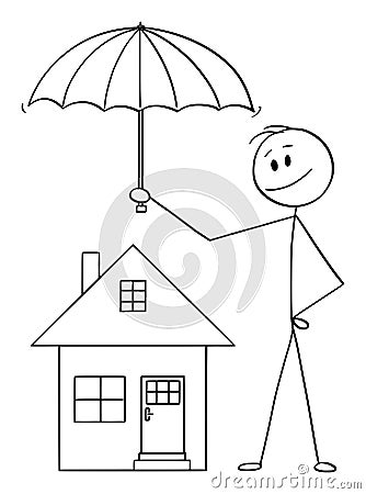 Vector Cartoon of Man, Businessman or Insurance Agent Holding Umbrella Protecting Family House Vector Illustration