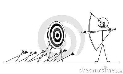 Vector Cartoon Illustration of Man or Businessman Shooting Arrow at Target with Bow and Missing. Concept of Business Vector Illustration
