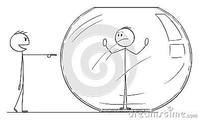 Vector Cartoon Illustration of Man or Businessman Trapped Inside Fish tank or Aquarium, Competitor is Laughing Him From Vector Illustration