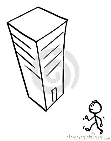 Vector Cartoon Illustration of Man or Businessman Walking in Modern High Skyscraper Office or Commercial Building, Job Vector Illustration