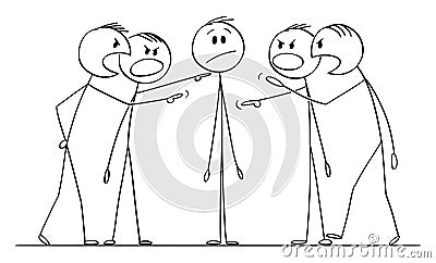 Vector Cartoon Illustration of Man or Businessman Who is Blamed, Questioned or Interrogated by Group of Men Vector Illustration