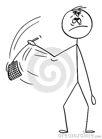 Vector Cartoon of Man or Businessman Going to Swat the Fly on His Forehead with Swatter or Flapper or Fly-flap Vector Illustration