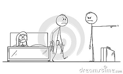 Vector Cartoon of Man or Husband Returned Home and Found His Wife with Paramour or Lover in Bed Having Sex Vector Illustration