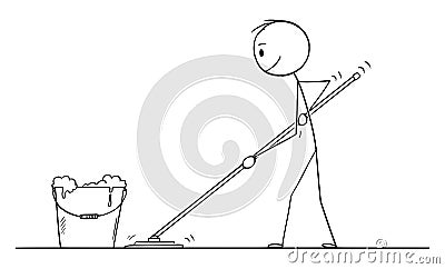 Vector Cartoon Illustration of Man Mopping or Cleaning the Floor Vector Illustration