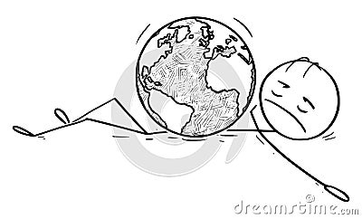 Vector Cartoon Illustration of Man, Person, Human Being or Businessman Lying Dead on Ground Crushed by Earth World Globe Vector Illustration
