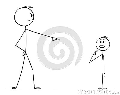 Vector Cartoon Illustration of Man Pointing and Blaming Boy or Another Man Vector Illustration