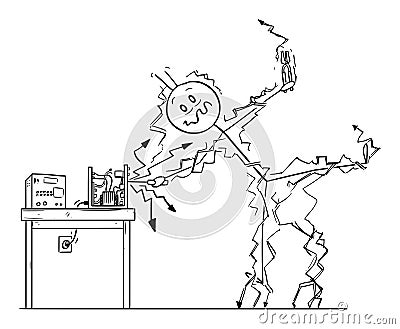 Vector Cartoon of Man or Repairman Repairing Some Electronic Device and Get Electric Shock Vector Illustration