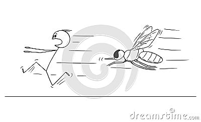 Vector Cartoon of Man Running Away in Fear from Big Fly or Insect Vector Illustration