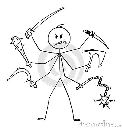 Vector Cartoon Illustration of Man with Six Arms Holding Cold Weapons Like Sabre, Ax, Knife, Club, Sickle and Flail Vector Illustration