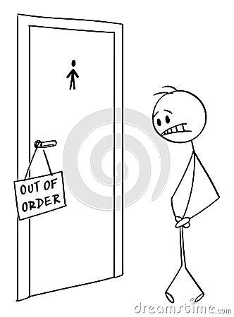 Vector Cartoon Illustration of Man Who Needs to Urinate But the Toilet is Out of Order Vector Illustration