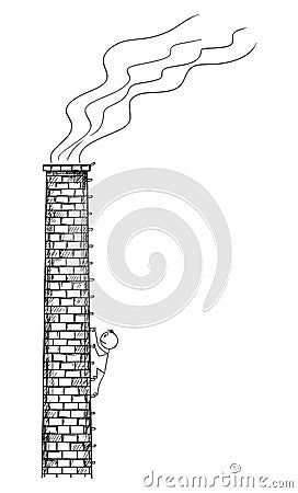 Vector Cartoon Illustration of Man, Worker or Ecologist Climbing old Factory Smokestack or Chimney. Vector Illustration