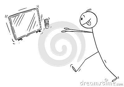 Vector Cartoon Illustration of Media Addicted Man Trying to TV, Telly or Television Entertainment Vector Illustration