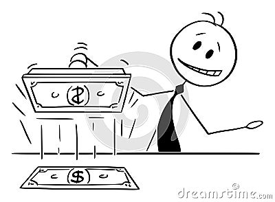 Vector Cartoon Illustration of Banker or Politician Printing Money, Concept of Quantitative Easing or Monetary Politics. Vector Illustration